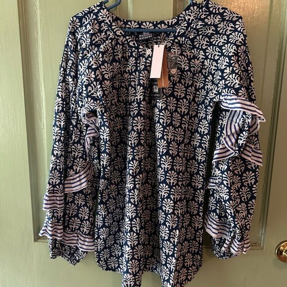 Madison Mathews OLIVE Shirt Palm fronds hand block small - Picture 4 of 10